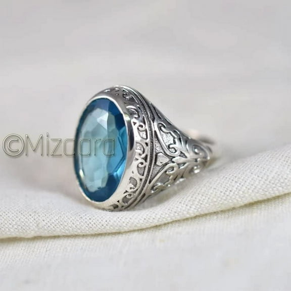 Mizaara, Blue Topaz Men’s Ring, Sterling Silver, Filigree Arabic Topaz Ring Signet Jewelry, Quartz Gemstone Man's Ring, Wedding Band Street Boys Gift