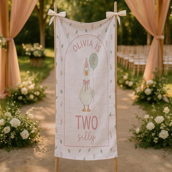 ViciArt Custom 2nd Birthday Cotton Linen Sign, Silly Goose Theme Banner, Personalized Party Decor