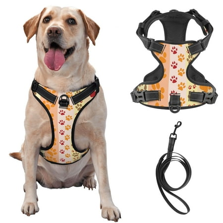 TEQUAN Medium Dog Harness with Leash Fun Dog Paw Print Prints Reflective No Pull Adjustable Pet Vest (M)