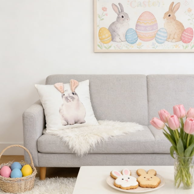 Funda de almohada con diseño de conejo de Pascua | Funda de cojín para sofá y dormitorio de 45 x 45 cm | Funda de almohada decorativa pequeña, fresca y en blanco y caqui para primavera