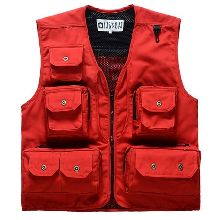 Men Fly Fishing Multi Pocket Vest Outdoor Photography Fly Vest Cotton Jacket red
