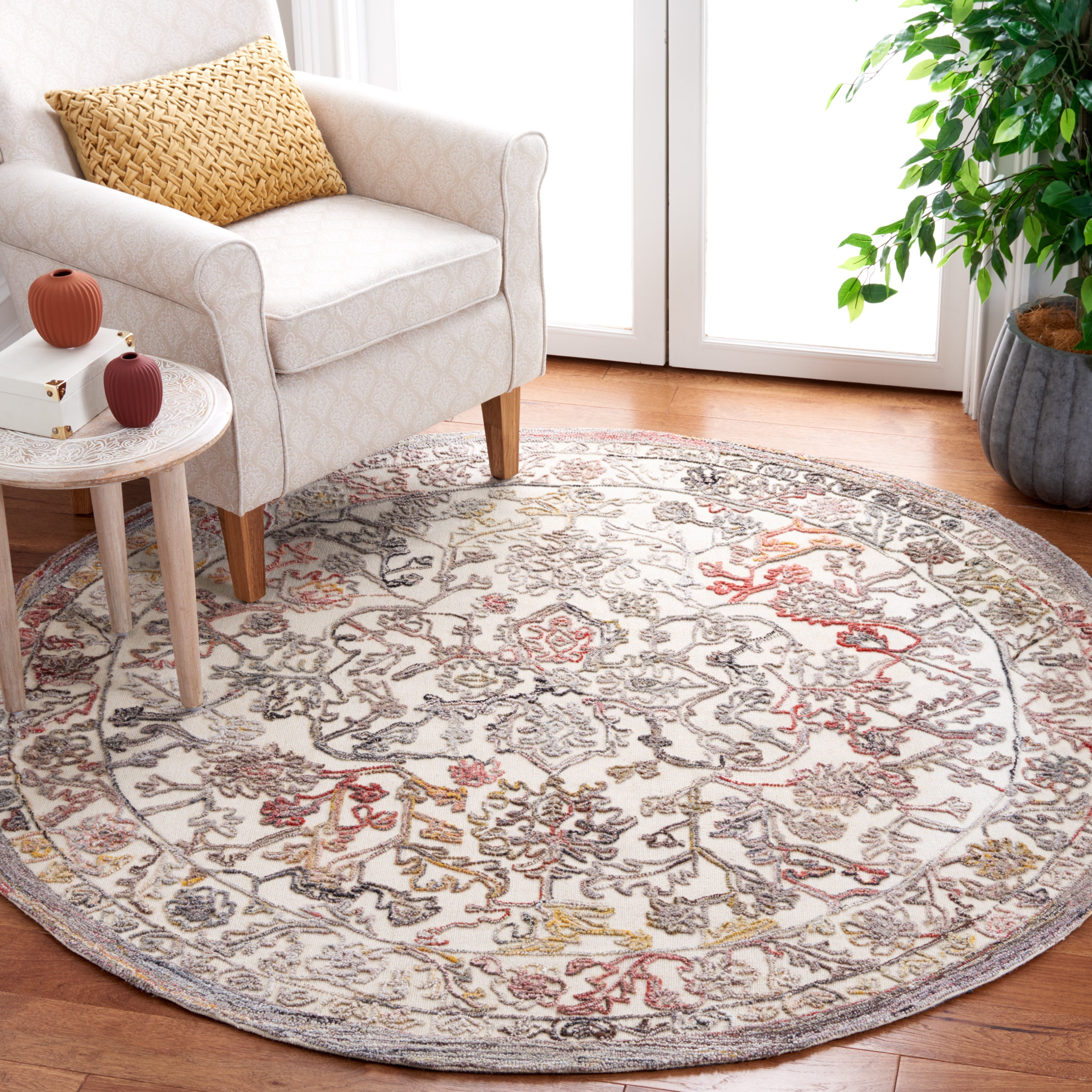 SAFAVIEH Trace Giuseppe Floral Area Rug, Red/Ivory, 6' x 6' Round