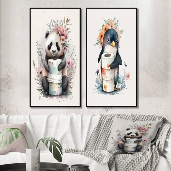 Designart "Panda s TP and Blossom Cleanup" Bathroom Framed Wall Art Set Of 2 - White Animals Framed Canvas Set For Living Room Decor