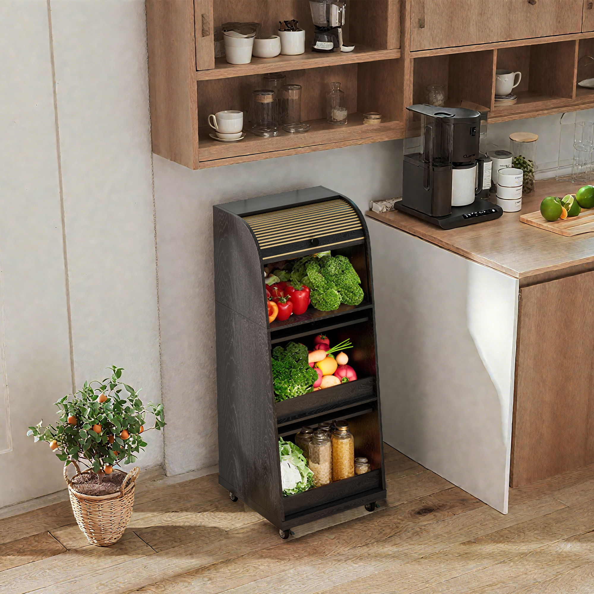 Onion and Potato Storage Bin Box, Movable Potato Bins with Sliding Door, Farmhouse Kitchen Pantry Cabinet