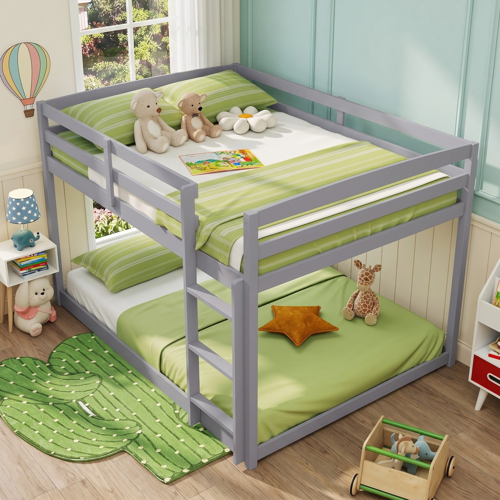 Furnibear Full Over Full Low-to-ground Wood Bunk Bed with Guardrails and Integrated Ladder for Kids and Shared Rooms, Gray