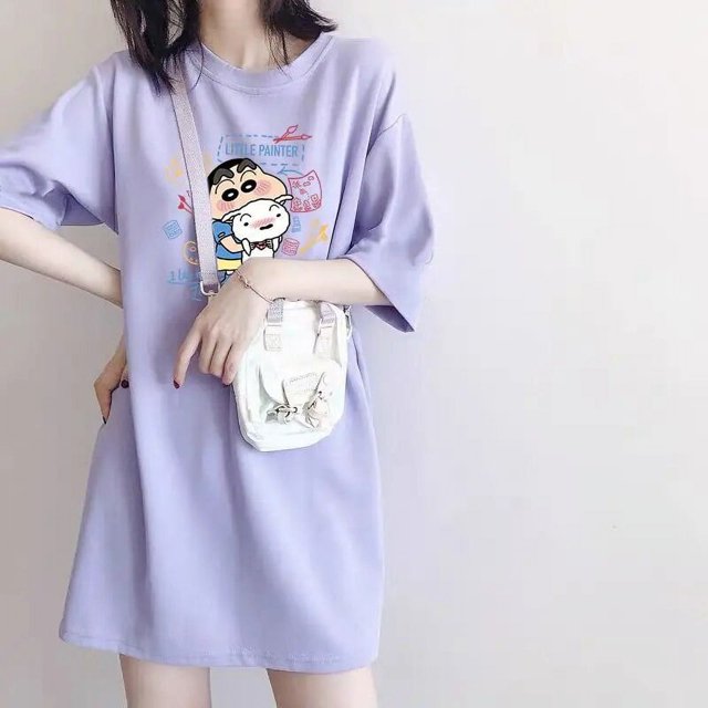 Camisón de Anime Crayon Shin-Chan de dibujos animados coreanos Y2K para chica dulce, vestido de pijama de cuello redondo de algodón holgado a la moda de manga corta para verano