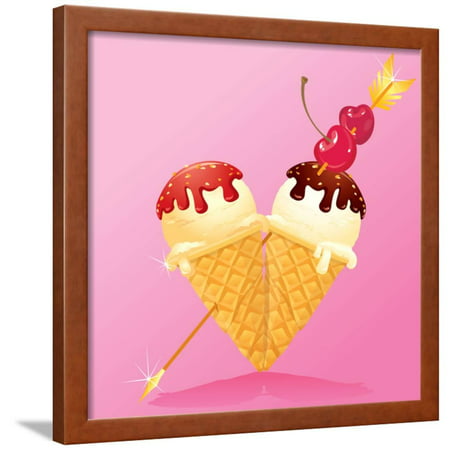 Vanilla Ice Cream Cones with Chocolate and Strawberry Glaze in Heart Shape with Arrow and Cherry. D Framed Print Wall Art By