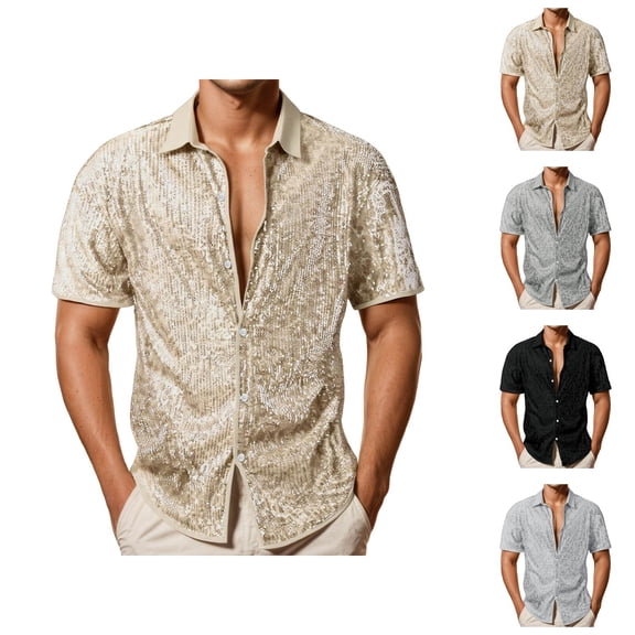 Sparkly Sequin Shirts for Men Short Sleeve Button Down Collared Glitter Dress Shirt for Wedding Party Clubwear