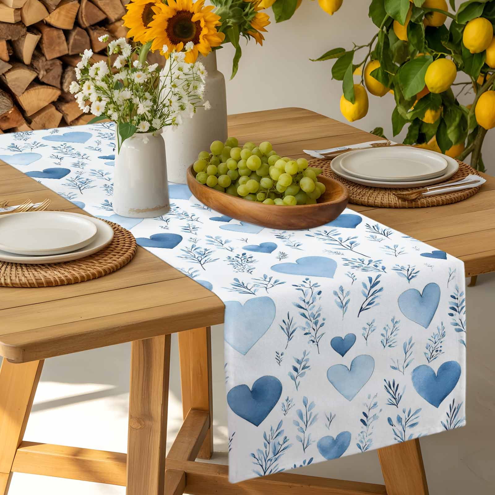 Valentine's Day Table Runner, Watercolor Blue Love Heart Leaf Washable Kitchen Table Runners Dress Scarves for Dining Table Decorations Party, 13x108in