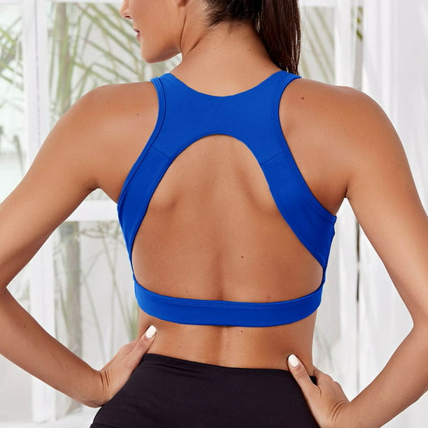 Cathalem Strappy Sports Bras For Women Medium Support Crop Top Seamless  Ribbed Removable Cups Workout Yoga Sport Bra,Blue L 