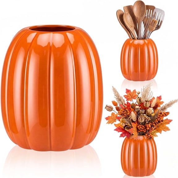 6.7 Inch Resin Pumpkin Vase, Large Orange Pumpkin Utensil Holder,Pumpkin Flower Vase, Decorative Plant Pots, Fall Kitchen Decor, Halloween, Autumn , Thanksgiving, Farmhouses Home Decorations