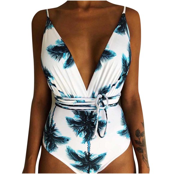 Leutsin Women Swimwear V-Neck Bandage Printing Siamese Swimsuit Bikini