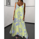 thumbnail image 5 of Vestido Bohemio de Verano con Tirantes Finos, Sin Mangas y Cuello en V para Mujer, con Estampado Floral, para Vacaciones, Color Amarillo, Talla S, 5 of 10