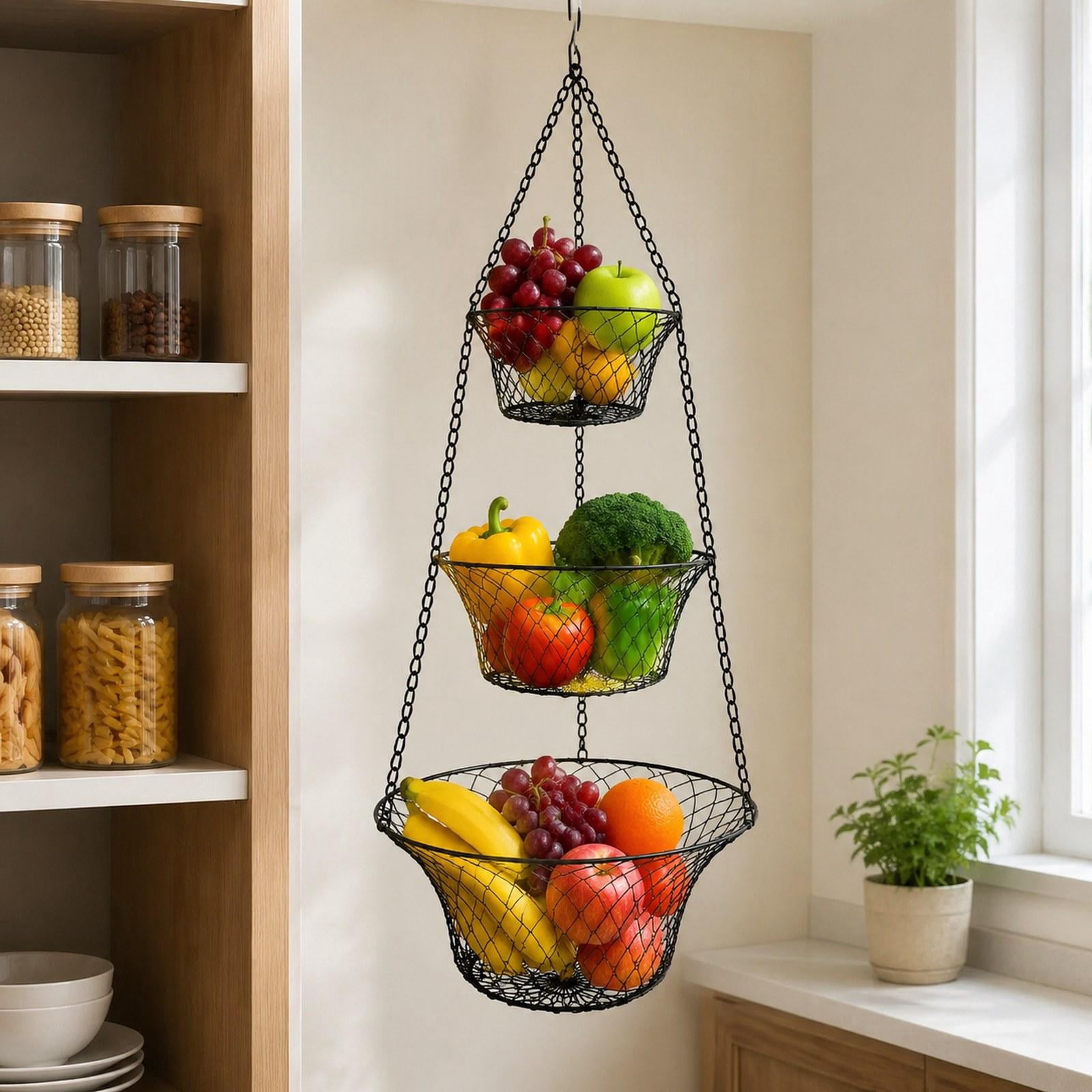 Baoblaze 3 Tier Hanging Fruit Basket Fruit Organizer Metal, Versatile, Heavy Duty, Sturdy Black