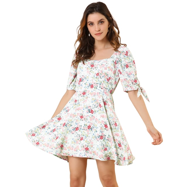 Mini Vestido Acampanado Ajustado Manga De Soplo Escote Corazón Floral Para Mujer Blanco M