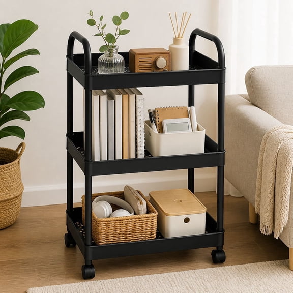 3-Tier Heavy Duty Rolling Storage Trolley with Smooth Wheels - This multi-tiered shelving unit is suitable for bathrooms, bedrooms, and offices. A space-saving