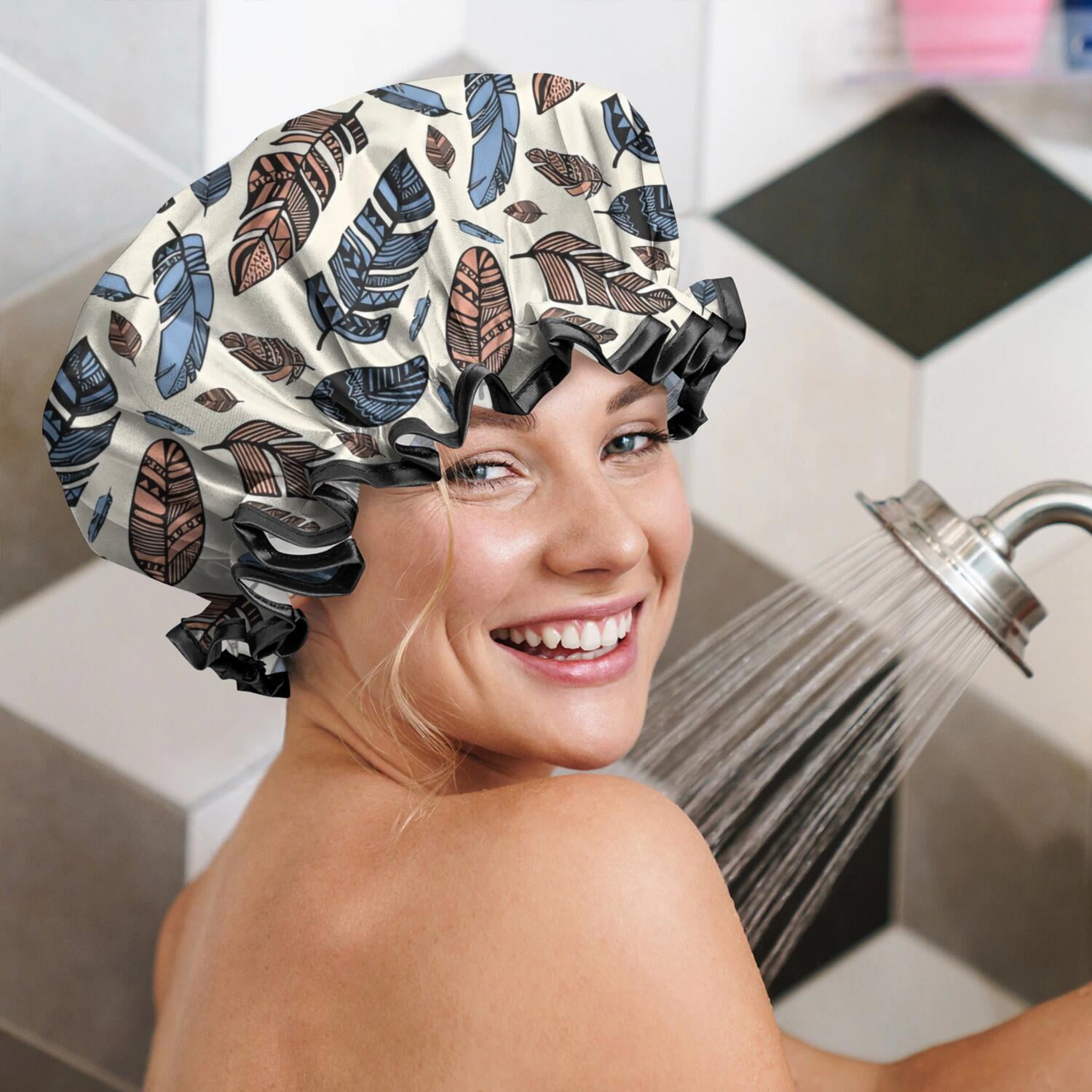 Shower Caps,Blue and Brown Feather Pattern Waterproof Shower Cap for Women 4 Pieces,Double Reusable Hair Cover for Shower PEVA Elastic Stretch Hem