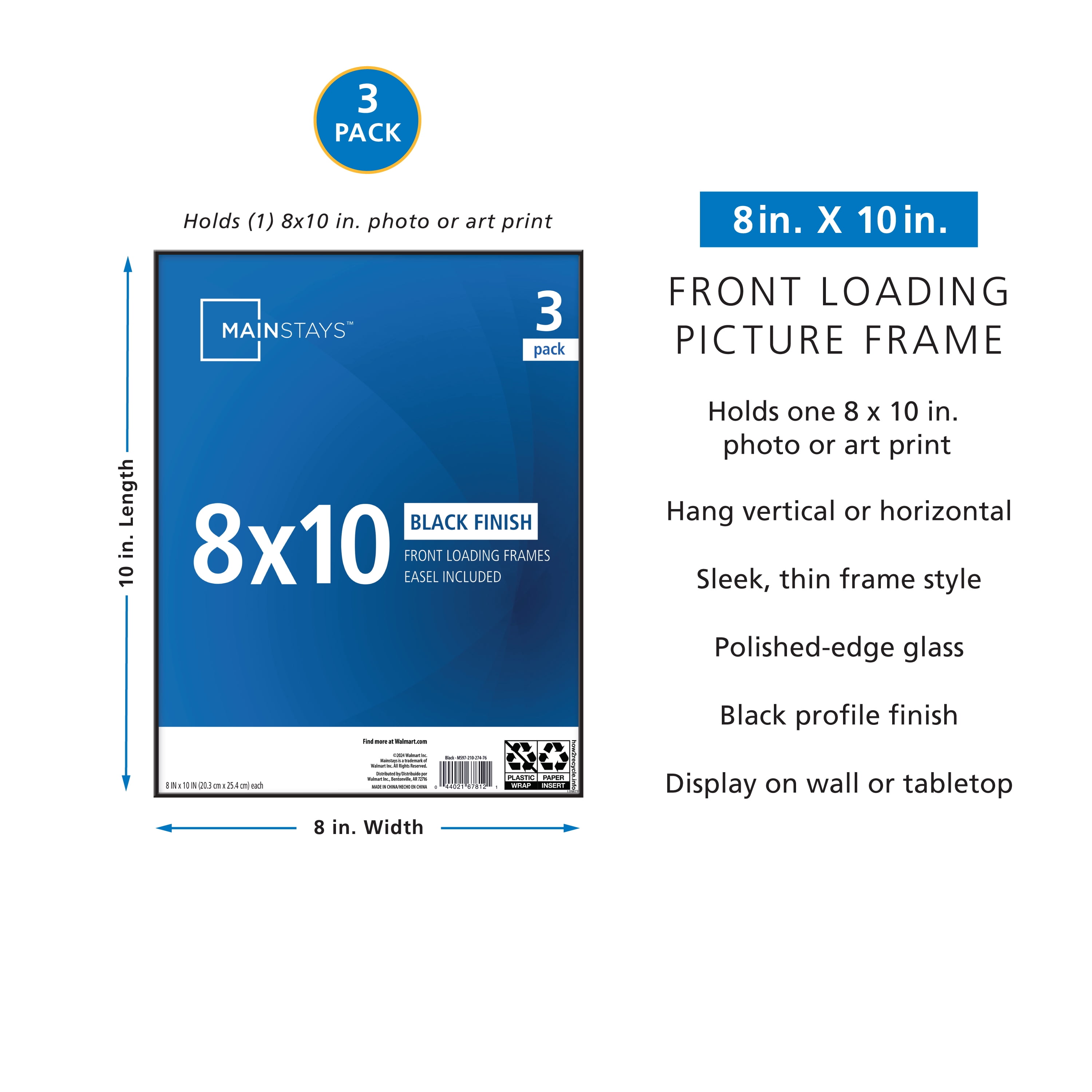 (2 pack) Mainstays – 8x10 Picture Frame – Black Front Loading Wall or Tabletop Photo Frame, Set of 3