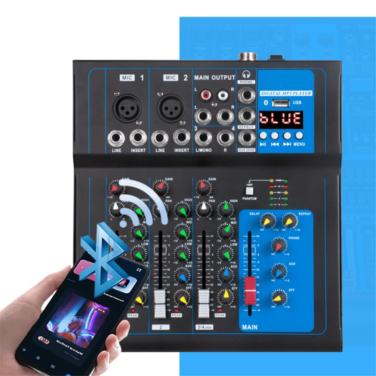 DJ Audio Mixer 4 Channel Sound Mixing Console with USB MP3 Jack 12V Power for Computer Recording and Live US Plug