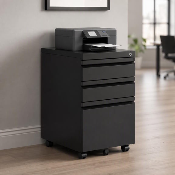 3-Drawer Locking Mobile File Cabinet with Wheels, Metal Rolling Storage Unit for Home Office, Fits Legal/Letter/A4 Hanging Files, Durable Black Finish