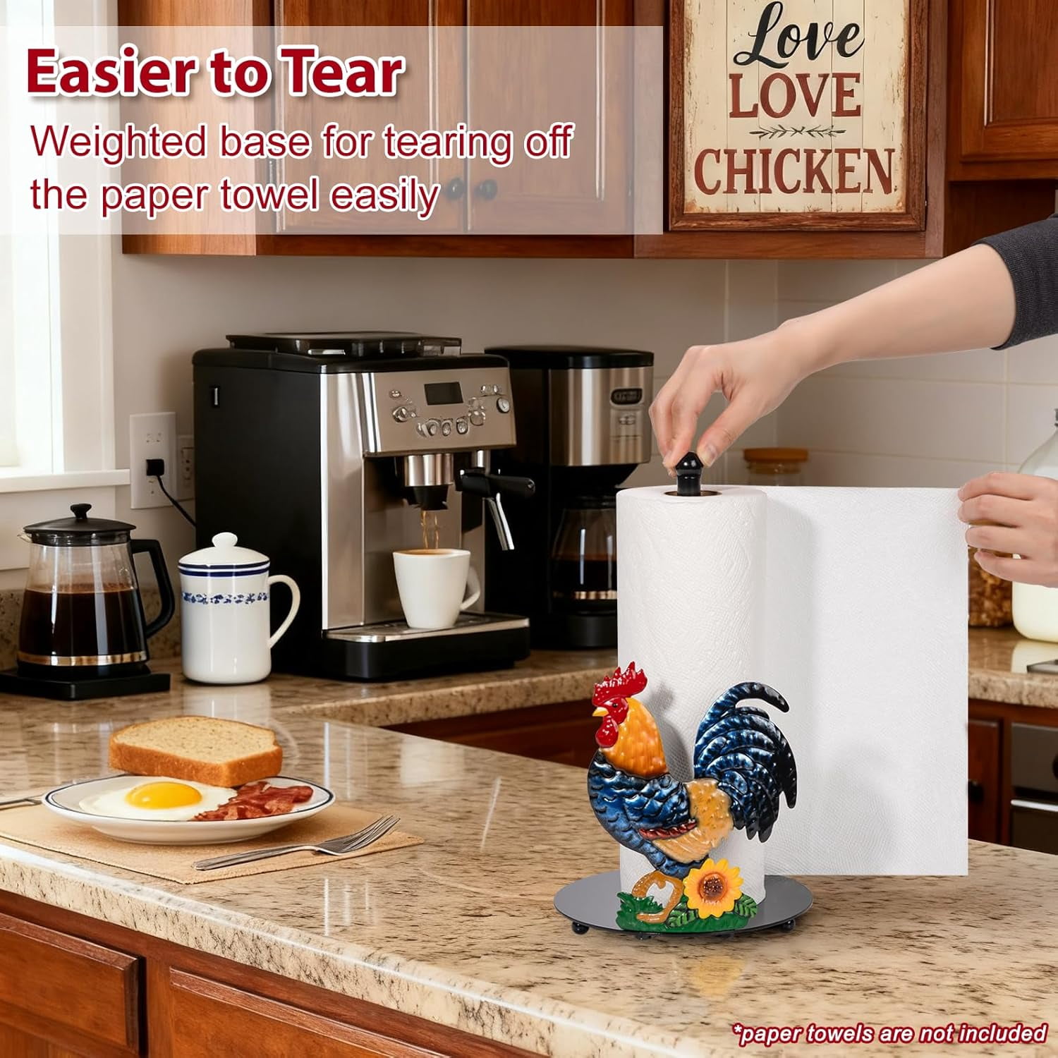 ThrottleT - Rooster Paper Towel Holder Countertop - Sunflower & Chicken Farmhouse Kitchen Decor and Accessories, Rustic Housewarming Gift for Rooster & Farmhouse Enthusiasts, Weighted Base