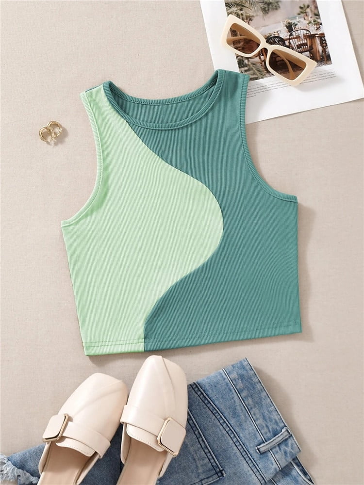 Camiseta sin mangas de retales de estilo pijo para mujer Tops cortos ajustados sin mangas con cuello redondo de verano ropa de calle Y2K camiseta para bebe Tan Jianjun unisex Walmart