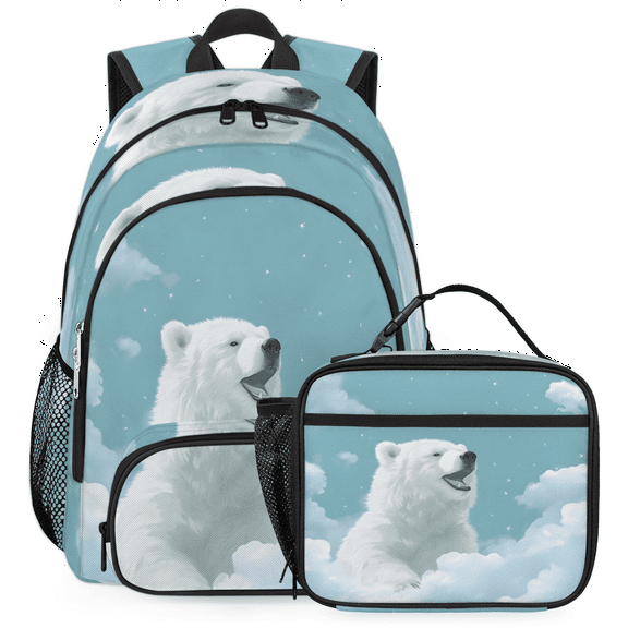 Herdesigns White Bear Backpack with Lunch Box Bear Lightweight Large Travel Work Laptop Backpacks Set Casual Daypacks