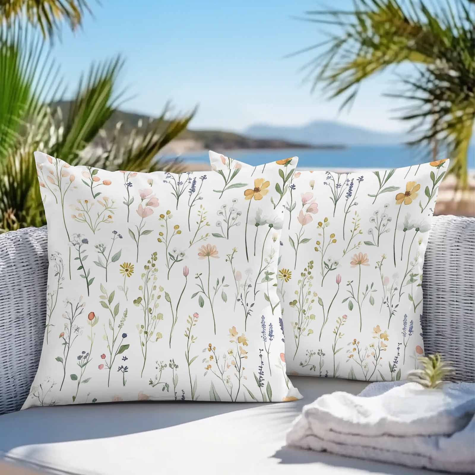 Waterproof Throw Pillow Covers Set of 2, 16x16 Inch Spring Wildflowers Decorative Pillowcases Outdoor Pillow Slip Cushion Covers Set for Couch Tent Rustic Botanical Floral