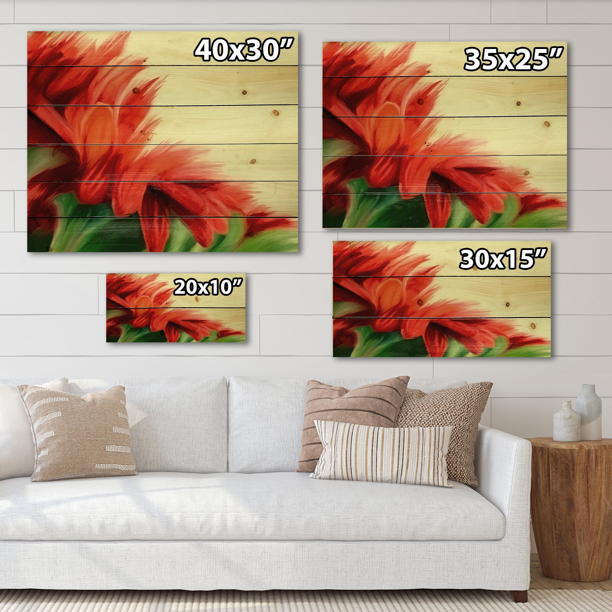 Designart 'Red Floral Brush Strokes On Green' Traditional Print on Natural Pine Wood