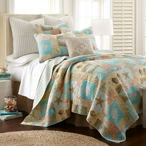 Levtex Home - Bridgetown Quilt Set - Full/Queen Quilt (88x92in.) Two Standard Pillow Shams (26x20in.) - Coastal - Teal, Beige, Coral, and White - Reversible - Cotton Fabric