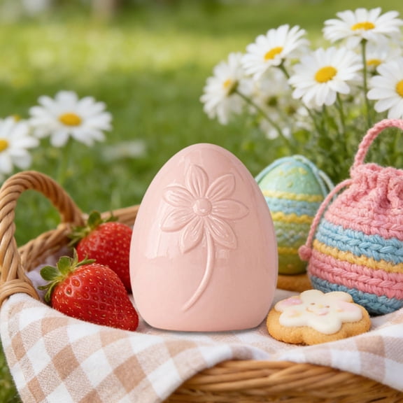 Easter Pink Single Flower Ceramic Egg Ornament - Hand-Painted Ceramic Statue, Cute Spring Holiday Tabletop Decor, Festive Easter Egg Figurine for Home Living Room & Easter Celebrations, Pink, 1pc