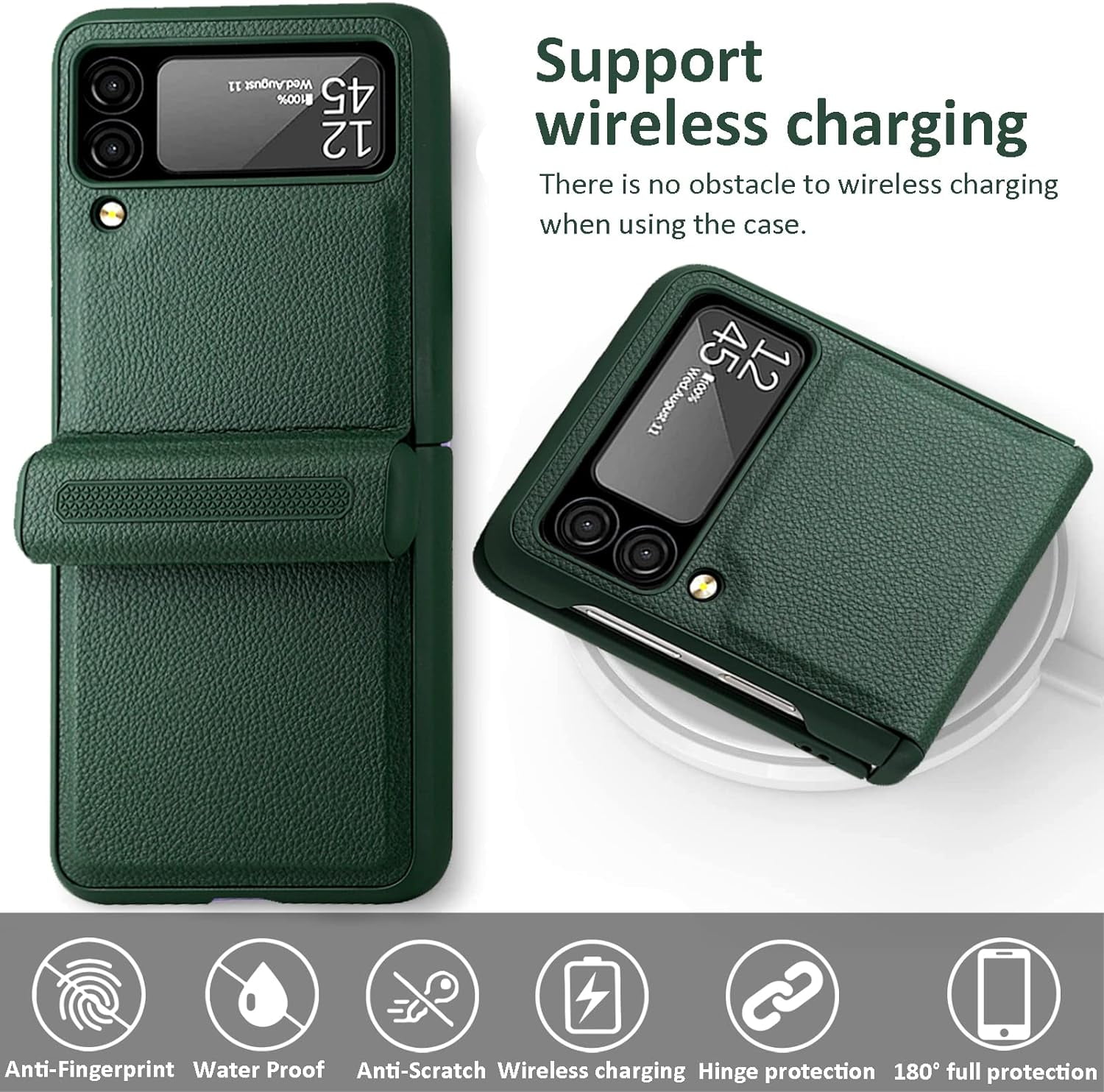 Compatible Samsung Z Flip 3 5G Case with Hinge Protection Screen Protector,All Around Protection Ultra Thin PU Leather+PC Case Galaxy Z Flip 3 Case for Samsung Flip 3 Phone Case Cute– Green
