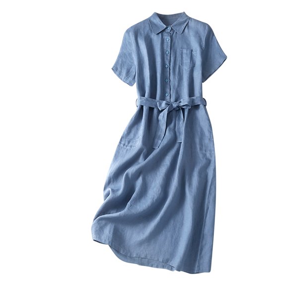 Dolkfu Collared dresses for Women Dressy Casual Tie Front Blue Short Sleeve Mid-Length Shirt Dress Refined Cotton Linen Solid Blue,XL