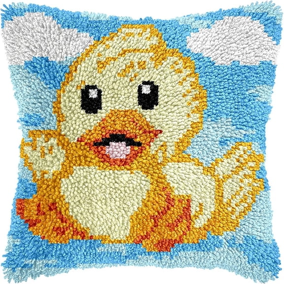 Little Duck Latch Hook Pillow Kits for DIY Throw Pillow Cushion Embroidery Latch Hooking Pillowcase Kits with Preprinted Canvas Crochet Yarn Kits for Home Decor 17''X 17''(j77)