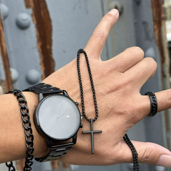 4-Piece Men's Jewelry Set – Elegant Watch, Classic Bracelet, Sparkling Earrings, Necklace & Ring, Perfect for Date Nights