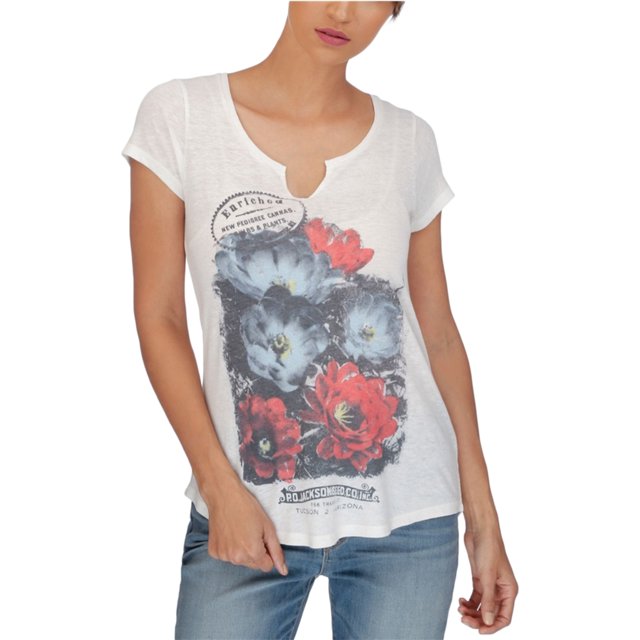 Camiseta gráfica con estampado floral para mujer de Lucky Brand, blanca, grande Lucky Brand Camiseta gráfica