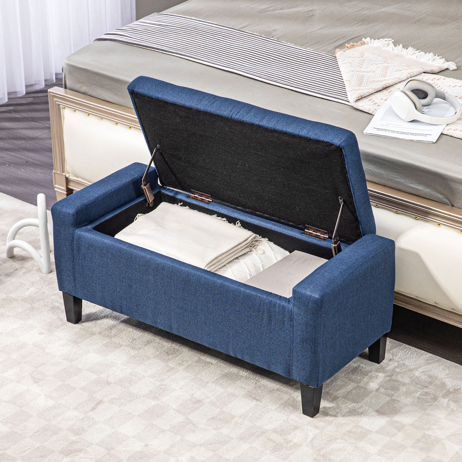 Versatile Storage Ottoman, Linen Fabric Footrest for Living Room, Blue