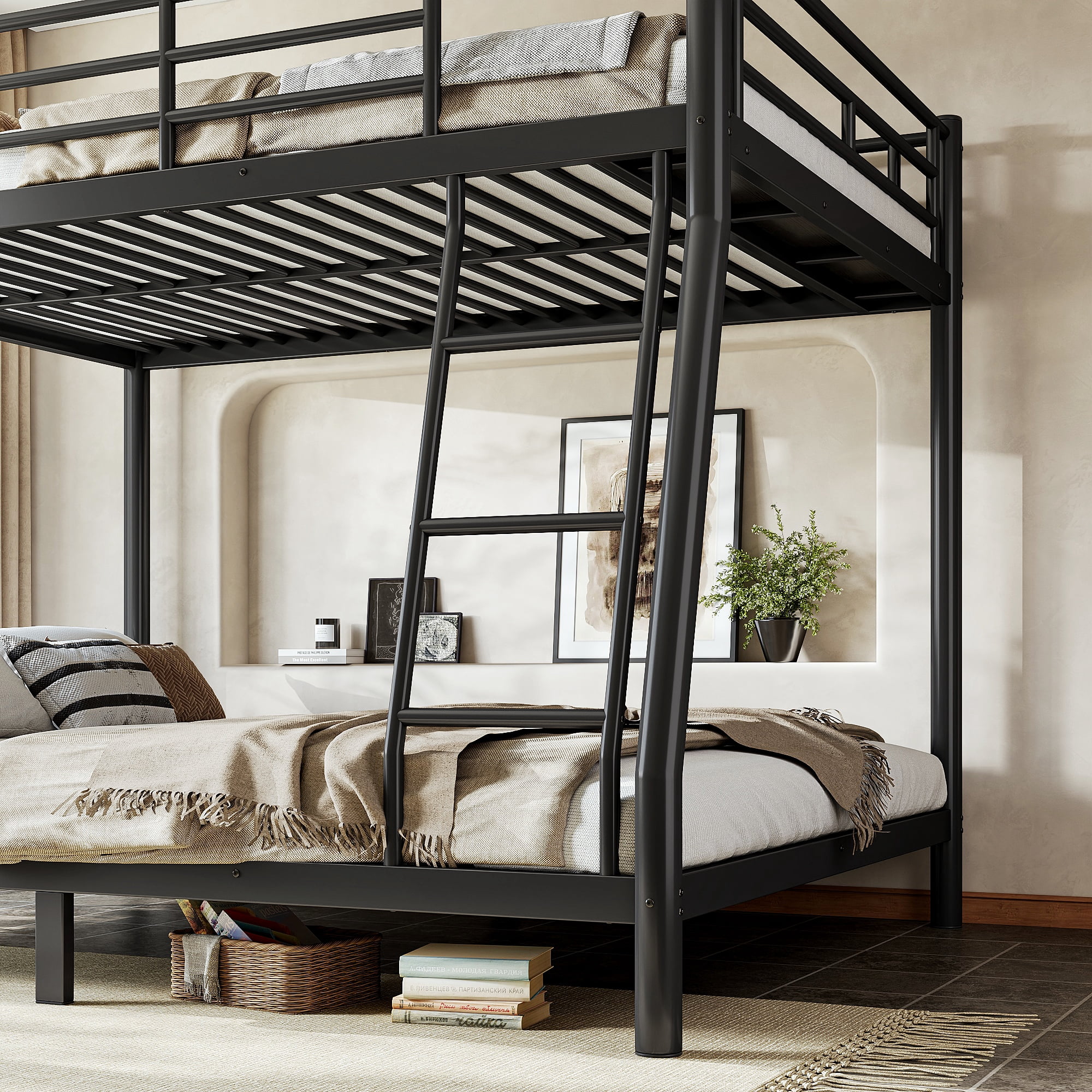 Leumius Full over Queen Metal Bunk Bed Frame with Dual Guardrails and Ladders, Heavy-Duty Quiet Design,Noise-Reduced,Black