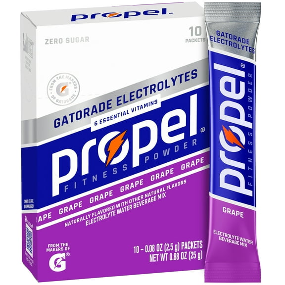 Propel Electrolyte Enhanced Water Drink Mix Powder Packets, Grape, Zero Calorie & Zero Sugar Hydration with Electrolytes and Vitamins C & E, (10 Packets)