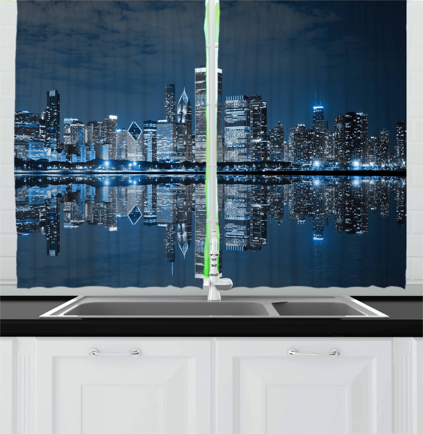 Chicago Skyline Curtains 2 Panels Set, Sleeping City Dramatic Urban Resting Popular American Lake Picture, Window Drapes for Living Room Bedroom, 55W X 39L Inches, Night Blue Grey, by Ambesonne