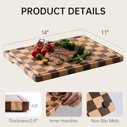 Checkerboard Cutting Board, Wooden Cutting Boards for Kitchen, End Grain Wood Cutting Board with Juice Groove, Serving Tray for Meat, Vegetables, Fruits, Bread, Cheese, 14" X 11" X 0.8"