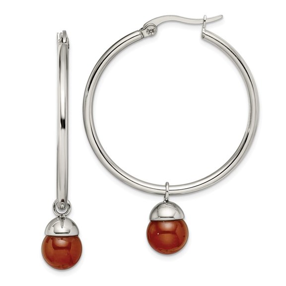 FB Jewels Stainless Steel Polished Hoop w/Red Agate Bead Earrings