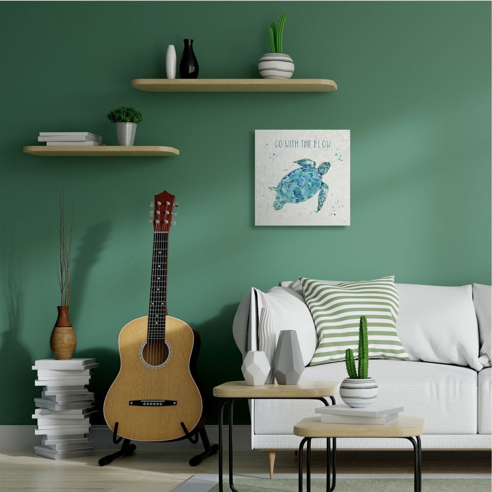 Stupell Industries Go with the Flow Quote Turtle Tortoise Blue Green Watercolor Canvas Wall Art Design by Anne Tavoletti, 24" x 24"