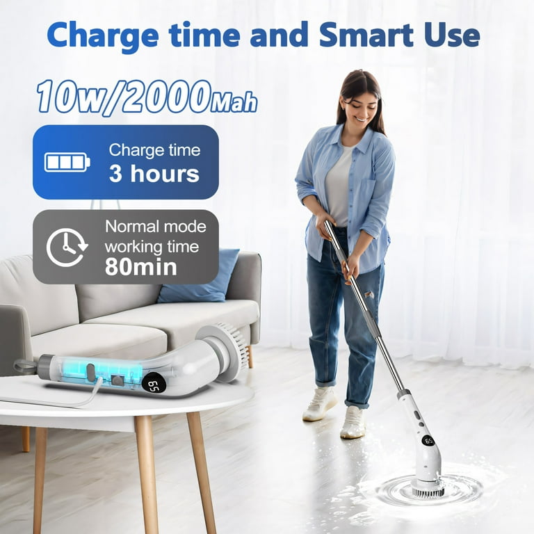 Cordless Electric Spin Scrubber - Power Shower & Tile Cleaner With 7 Brush Heads, Long Handle, 2 Speeds