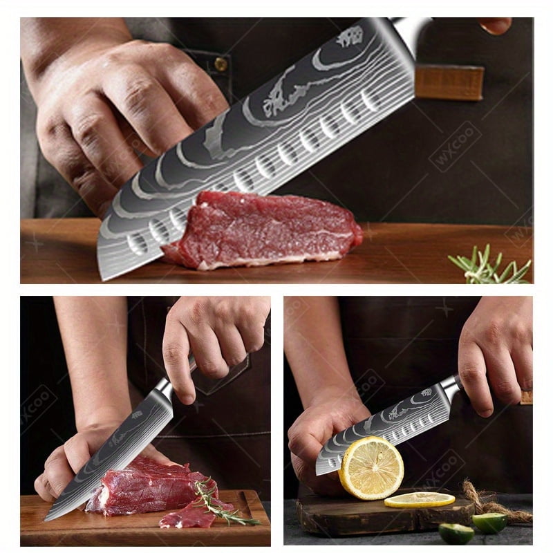 WXCOO 3 Pcs,Kitchen Chef Knife Set, High Carbon Stainless Steel Damascus Drawing Gyuto Cleaver Set Slicer Santoku Knife Chef Knife Vegetable Knife Meat Cleaver Utility Knife Professional Boning Knife