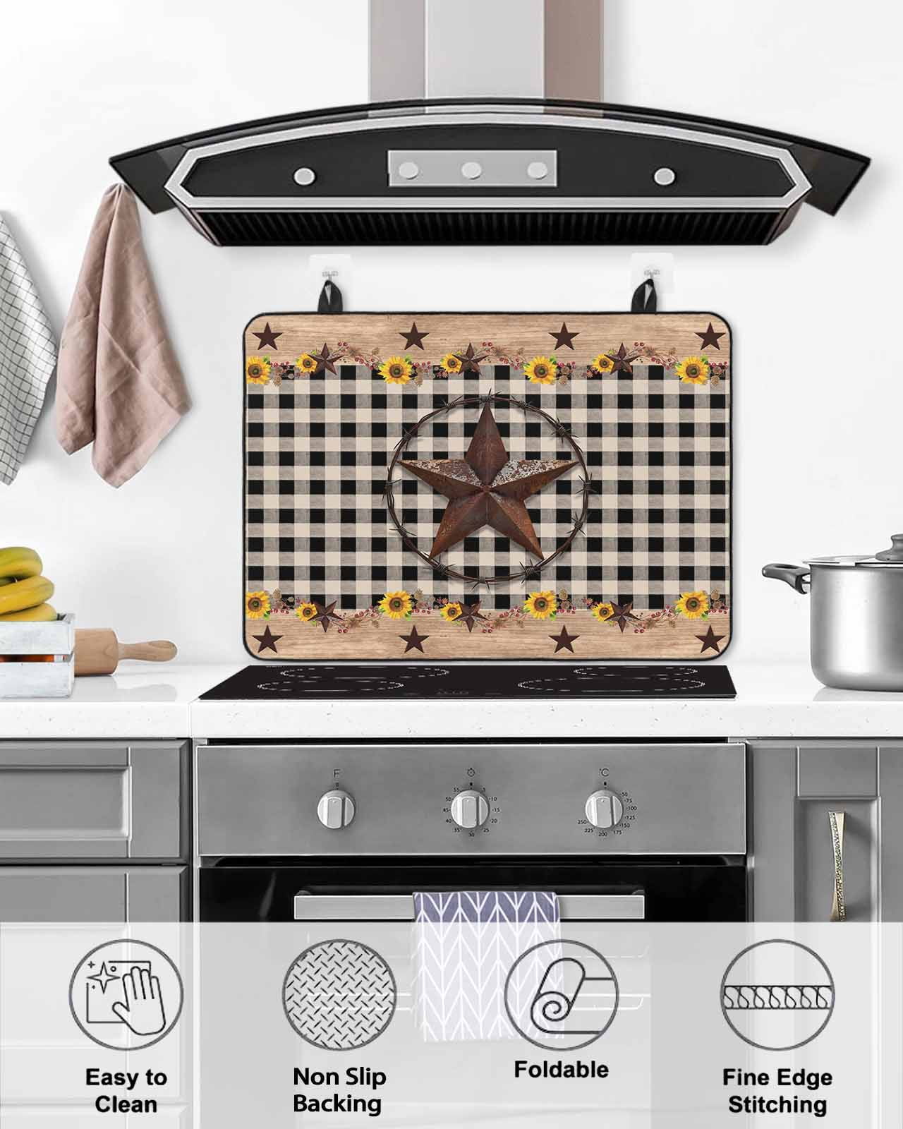 nqOlkjepod Large Induction Cooktop Protector Mat 24"x21", Farmhouse Vintage Stove Top Covers for Electric Stove, Western Country Star Brown Plaid Stove Burner Cover Mats, Glass Top Stove Cover