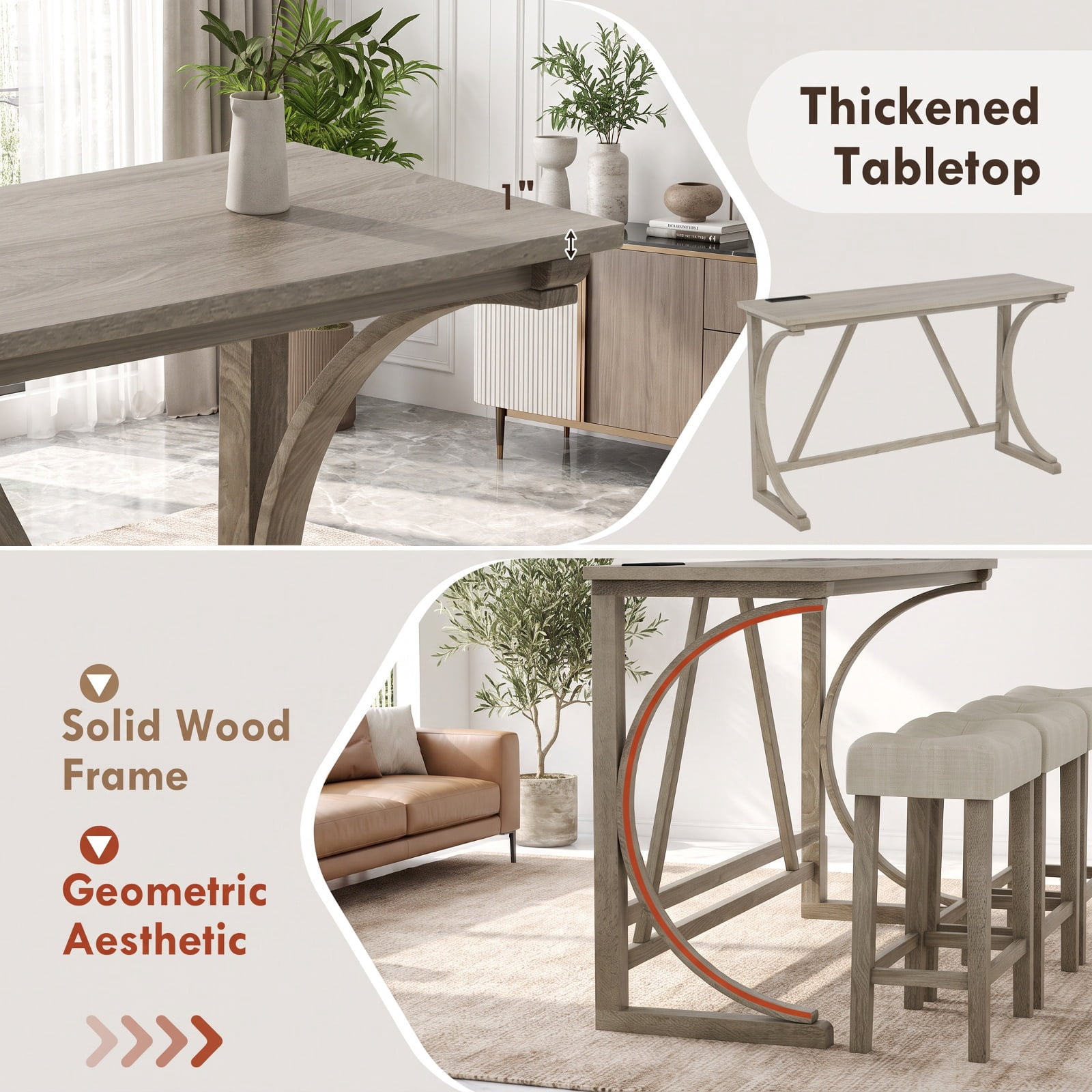 Furnibear 4-Piece Bar Table Set with Power Outlet and Upholstered Saddle Seat Stools-Grey and Beige for Kitchen Dining Room Breakfast Nook Home, Gray