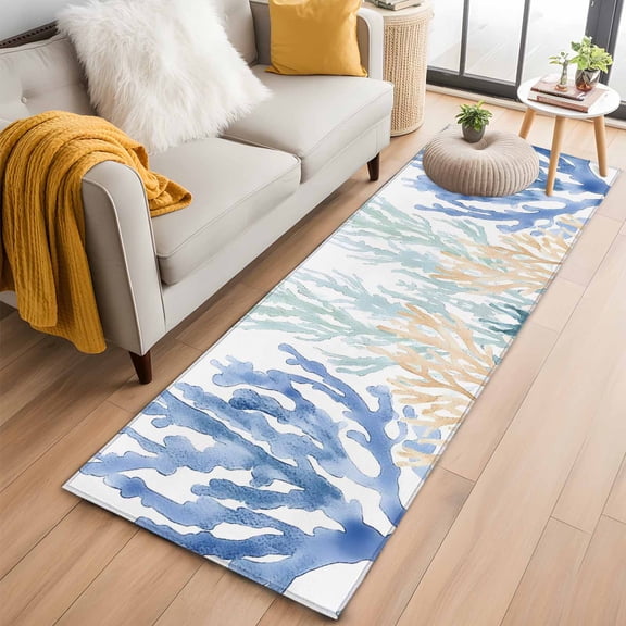 Coral Blue Green Beige Kitchen Runner Rug 2x6 Washable Runners for Hallway Non Slip Summer Coastal Ocean Plant Large Area Rug Indoor Floor Carpet for Bathroom Laundry Entryway Bedroom Living Room