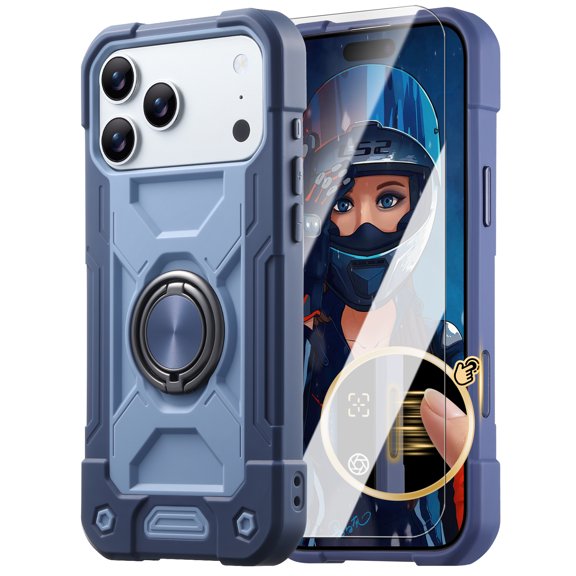 Dteck Rugged Protective Case with Tempered Glass Screen Protector for iPhone 17 Pro , Heavy Duty Shockproof TPU PC Cover with Camera Control Button 360° Rotating Ring Kickstand Case, Blue