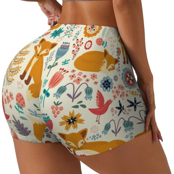 Balery Whimsical Fox Floral Garden Pantalones cortos de entrenamiento estampados para mujer, sin costuras, ajustados, para gimnasio, yoga, correr, deportes, ejercicio activo, fitness.-X-Large